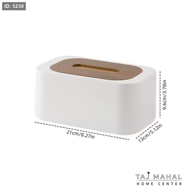 קופסת טישו מפלסטיק מלבנית עם מכסה עץ