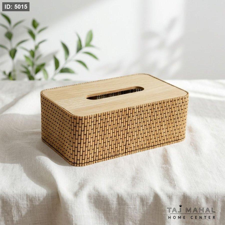 A wooden tissue reel with a design that combines woven sides and a natural wooden cover