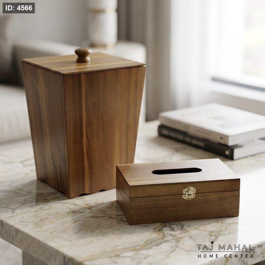 Heavy wood wastebasket and tissue box set