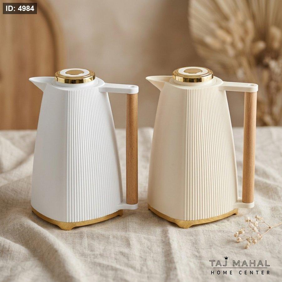 Thermos coffee dallah בעל עיצוב פסים אנכי עם ידית עץ ונגיעות זהובות