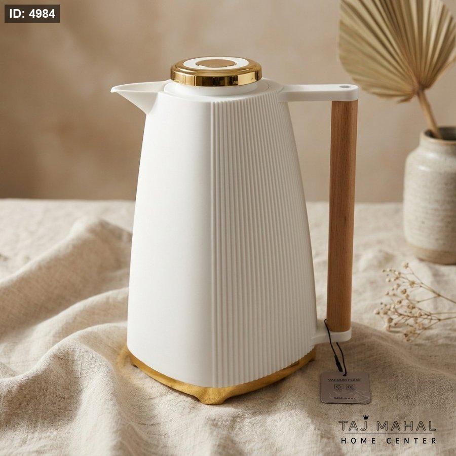 Thermos coffee dallah בעל עיצוב פסים אנכי עם ידית עץ ונגיעות זהובות