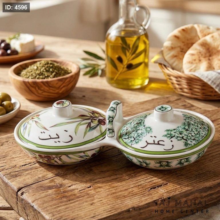 כלי הגשה קרמיים מסורתיים להגשת שמן וטימין ירוק