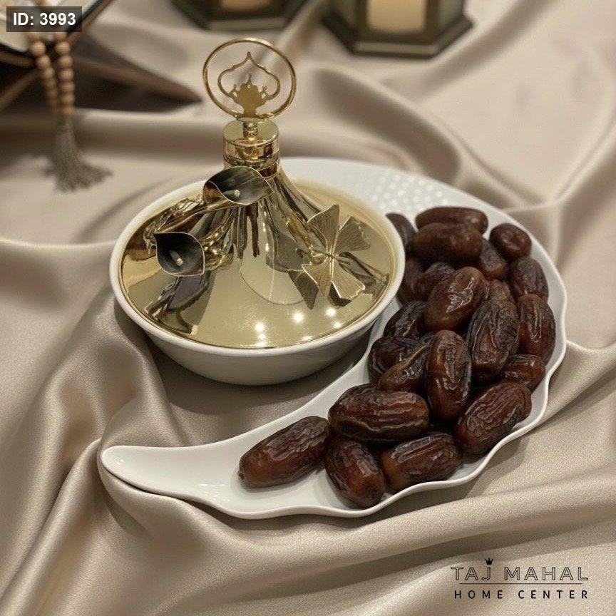 Crescent shaped hostess with gold metal cap