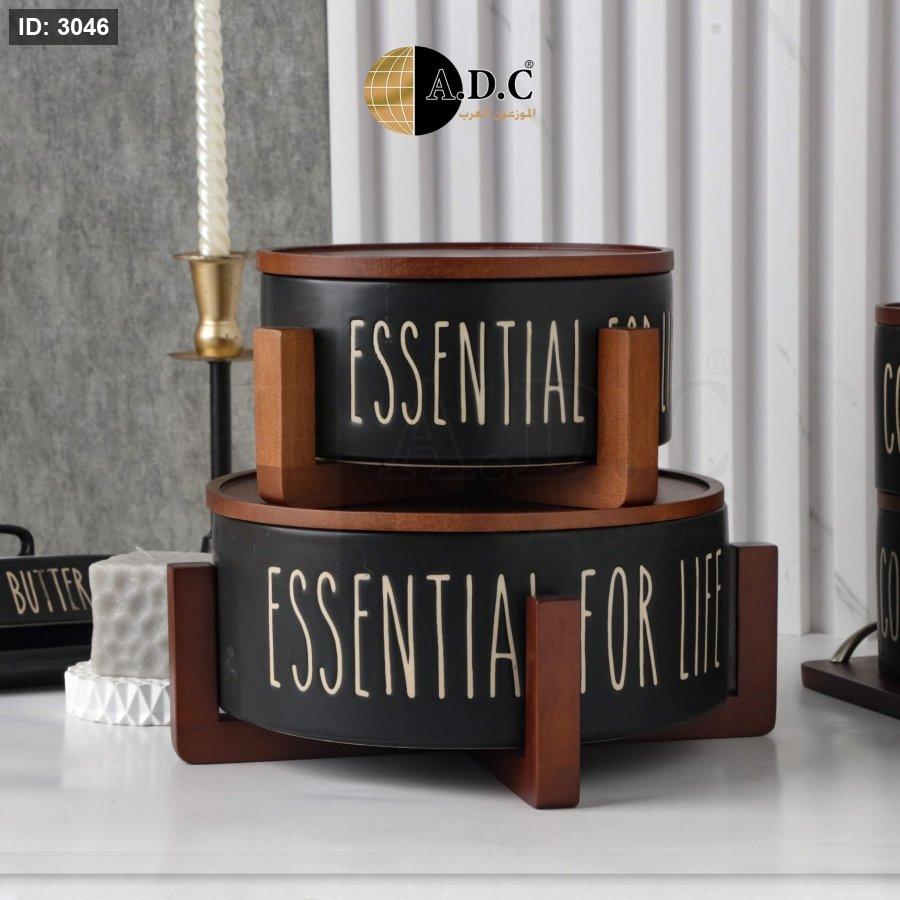 Black porcelain hostess cover and wooden base
