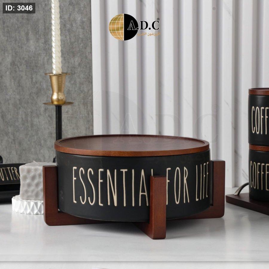 Black porcelain hostess cover and wooden base