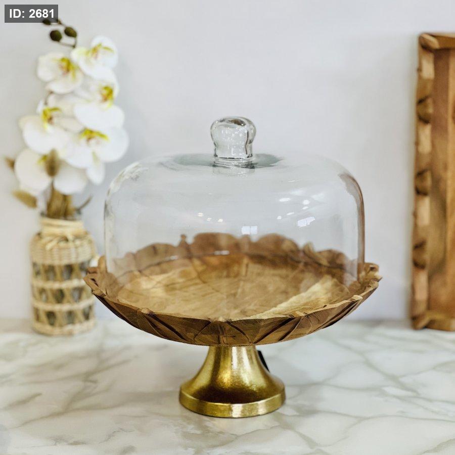 صحن خشب طبيعي مع غطاء زجاج شفاف