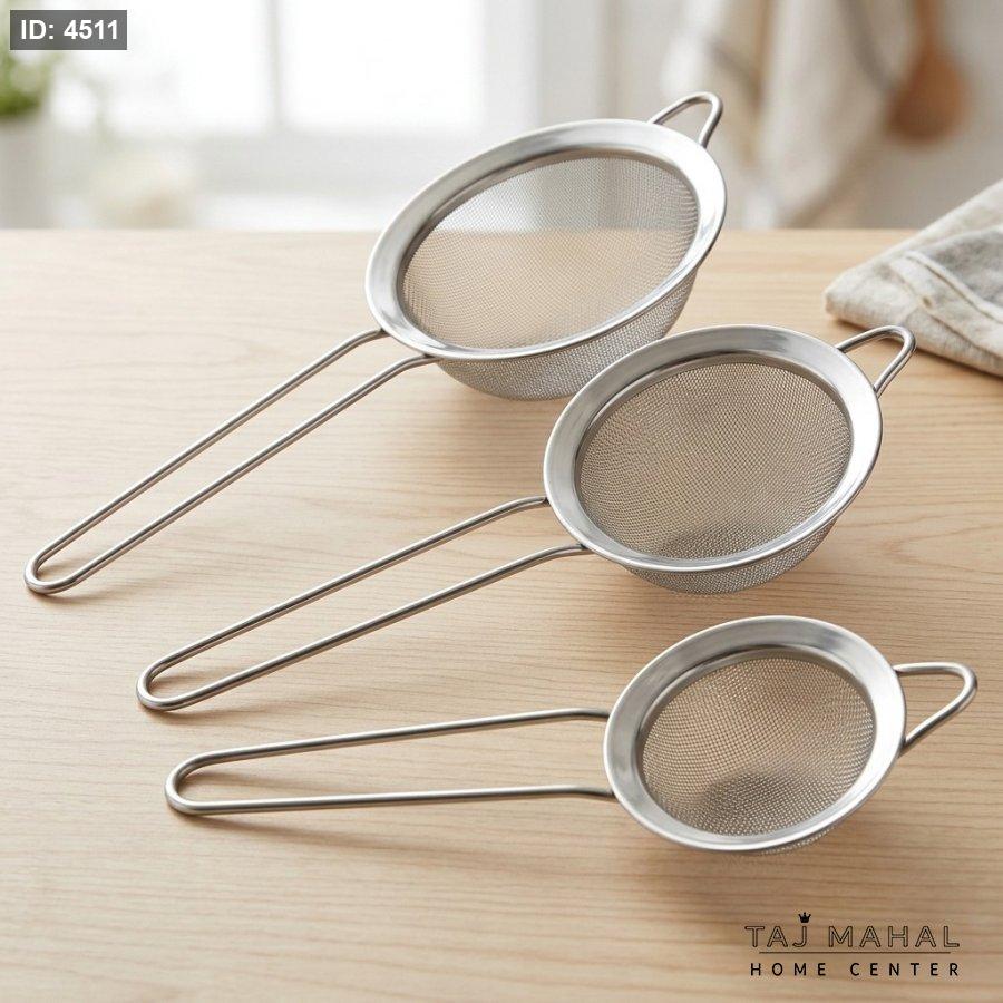 A set of small stainless steel fine mesh strainers