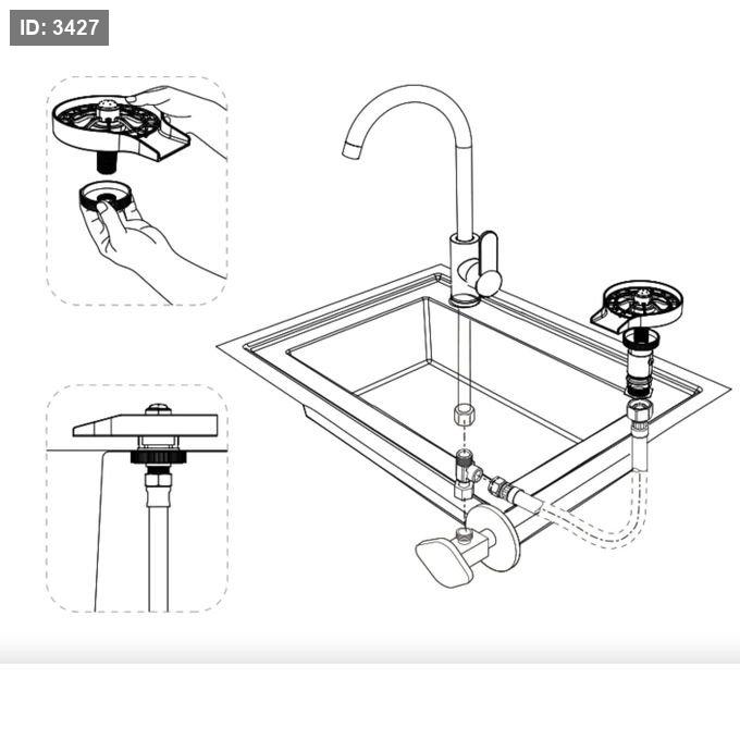 Automatic washing base for rinsing bottles, cups and kitchen sink supplies